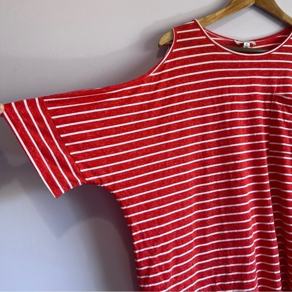 UMGEE Red Striped Cold Shoulder Lace Tunic Blouse Shirt Swim Coverup Pockets M - Picture 4 of 14